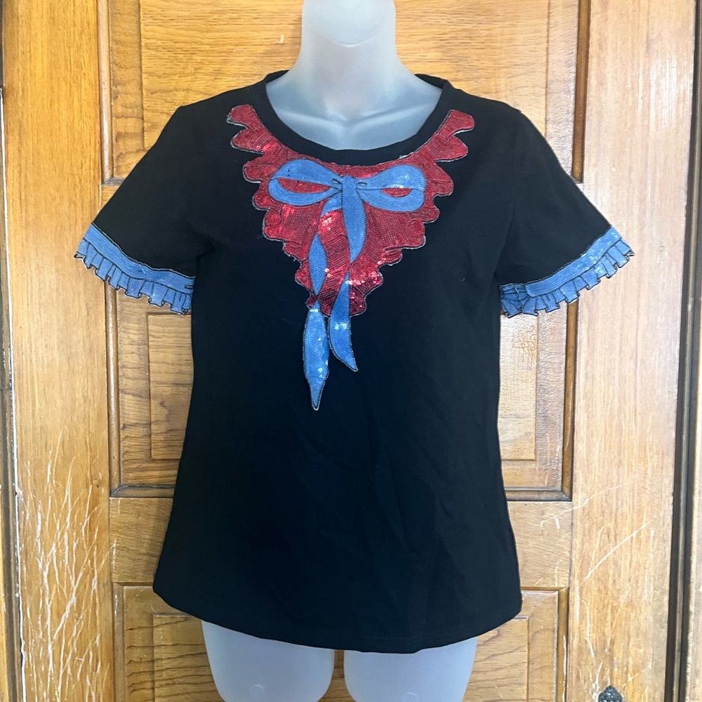Black Short Sleeve Top with Red and Blue Accents